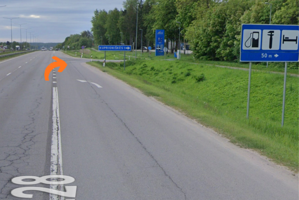 Posūkis į Kuprioniškes važiuojant Minsko plentu link Tvarkingas Auto autoserviso Vilniaus rajone